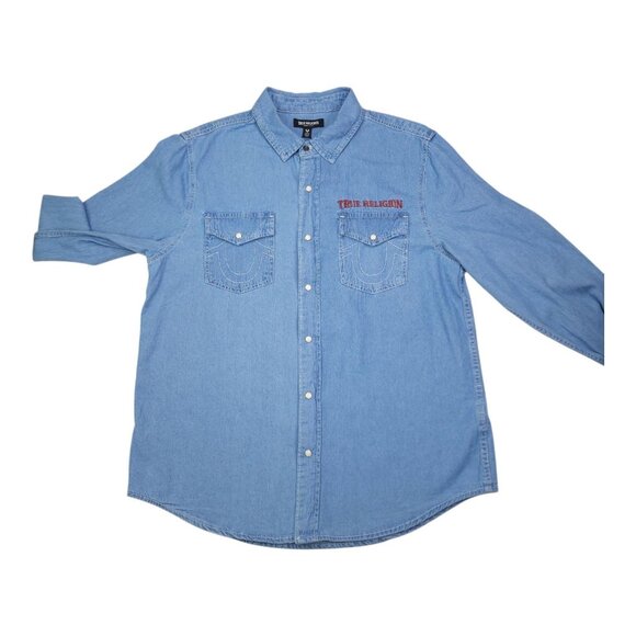 True Religion Light Blue Chambray Long Sleeve Shirt M Snaps Denim Chest Pockets - Picture 12 of 13